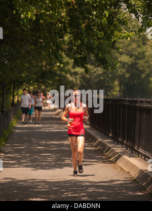 Übung-Enthusiasten laufen im Central Park in New York Mitte Tag trotz der sengenden Hitze Stockfoto