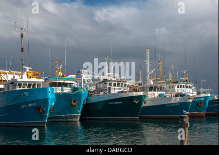 Trawler in Fremantle Fishing Boat Harbour, Western Australia, Fischen mit regen Duschen Annäherung an Stockfoto