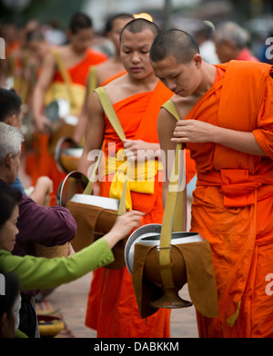 Buddhistische Mönche während Almosen Zeremonie (Tak Bat), Luang Prabang, Laos, Indochina, Südostasien, Asien Stockfoto