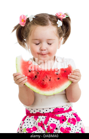 Kind Mädchen essen Wassermelone isoliert auf weiss Stockfoto