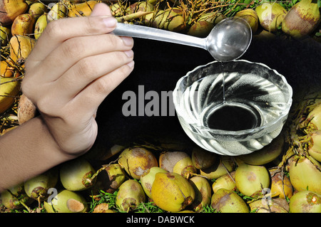 Kokosöl in eine Glasschüssel. Auf dem Hintergrund der rohen Kokosnüsse überlagert. Stockfoto