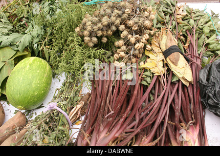 Melonen, Kräutern und grünen zum Verkauf auf dem Outdoor-Lebensmittelmarkt in Cotacachi, Ecuador Stockfoto