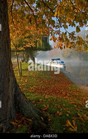 Stratford upon Avon, River Avon, Warwickshire und ein weißer Cruiser legen an einem nebligen Herbstmorgen an. Stockfoto