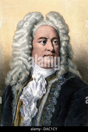 Portrait des Komponisten Georg Friedrich Händel. Hand - farbige Gravur Stockfoto