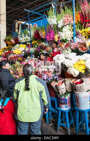 Inca-Frauen-Blumenhändler neigt verkauft Verkauf von Blumen floral produzieren Stall Shop auf dem lokalen Markt in der Innenstadt von Cusco, Peru. Stockfoto