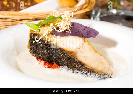 Gebratenes Filet vom gegrillten Fisch in einer weißen Soße Stockfoto