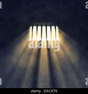 Gefängnis-Zelle innen, Sonnenstrahlen kommen durch ein vergittertes Fenster