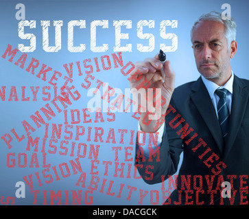 Geschäftsmann, verschiedene Wörter über Erfolg mit einem Stift schreiben Stockfoto