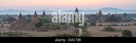 Panoramablick in der Dämmerung über der Ebene und der Tempel von Bagan aus Shwesandaw Paya, Bagan Zentralchinesische Ebene, Myanmar (Burma) Stockfoto