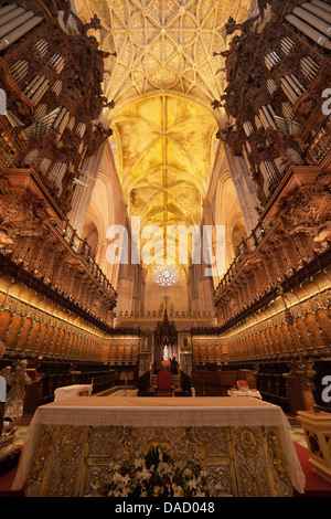 Innenraum der Kathedrale von Sevilla, Orgel, Chor, gotische Gewölbe in Spanien, Andalusien. Stockfoto