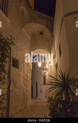 Gasse in der mittelalterlichen Altstadt, Ostuni, Apulien, Italien, in der Nacht von einer Straßenlaterne beleuchtet. Stockfoto