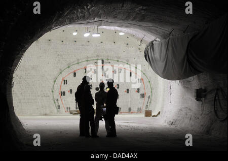 Datei - datiert eine Archiv Bild 4. April 2010 zeigt Bergleute und Besucher betrachten eines Seite Tunnels der Erforschung Bergwerk in Gorleben, Niedersachsen, Deutschland. Untersuchungsausschuss des Parlaments für Gorleben hat treffen sich seit etwa 18 Monaten und hat etwas Licht auf was schief gelaufen ist bei der Suche nach einer permanenten nuklearen Deposit-Seite. Foto: Kay Nietfeld Stockfoto