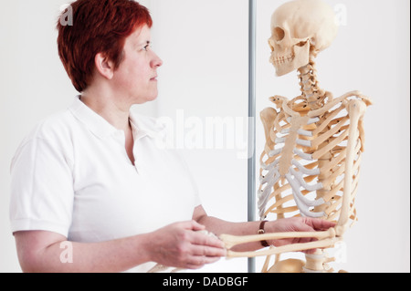 Frau mit Arm des Modell-Skelett Stockfoto