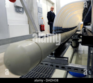 Ein Elektrolyseur produziert den ersten Wasserstoff in die Wasserstoff-Hybrid-Kraftwerk in Wittenhofe in der Nähe von Prenzlau, Deutschland, 25. Oktober 2011. Die Wasserstoff-Hybrid-Kraftwerk ging am 25. Oktober 2011 in Betrieb und produziert Strom aus Windkraftanlagen und Biogas. Foto: Bernd Settnik Stockfoto