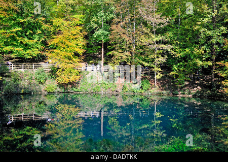 Blick zur Karstquelle Blautopf, Deutschland, Baden-Württemberg, Schwäbische Alb, Blaubeuren Stockfoto