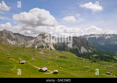 viele Hütten am Berg Weide vor Alpenpanorama, Italien Stockfoto