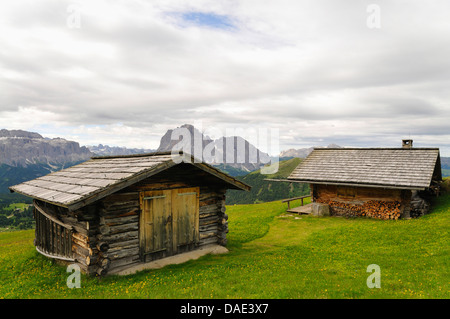 viele Hütten am Berg Weide vor Alpenpanorama mit Langkofel und Plattkofels, Italien Stockfoto