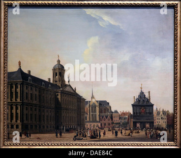 Blick auf den Damm von Jan Ekels (1724-1781) Gemälde des Dam-Platzes in Amsterdam mit dem Königspalast, der Nieuwe Kerk und dem Wieghaus. Stockfoto