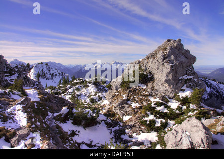 Teufelstaettkopf und Tannheimer Berggruppe im Hintergrund, Oberbayern, Oberbayern, Bayern, Deutschland Stockfoto