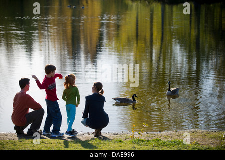 Familie im Park Enten füttern Stockfoto