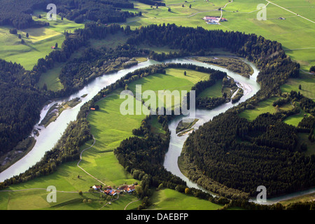 Luftbild auf Kurs des Lech-Flusses in der Nähe von Schongau, Deutschland, Bayern, Allgäu, Burggen Stockfoto