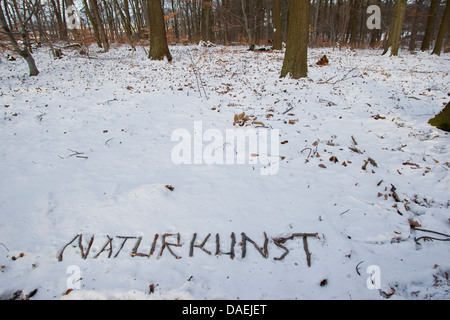 Schreiben Sie "Naturkunst - Natur-Kunst" im Schnee, Deutschland Stockfoto