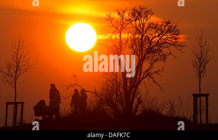 Eine Frau geht mit ihren beiden Kindern entlang einer Landstraße vor der Kulisse eines Romatnic Evenbing Himmels in der Nähe von Petersdorf, Deutschland, 21. Februar 2011. Foto: Patrick Pleul Stockfoto