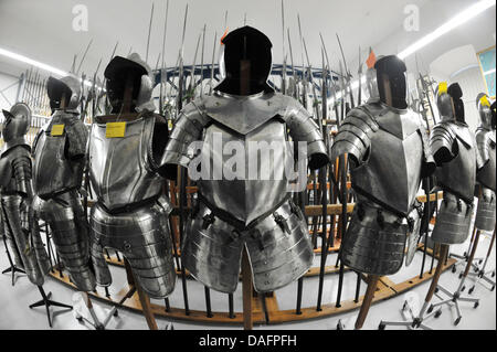 Kabelbäume des Arsenals der Fürsten Schwarzburg sind auf dem Display auf Schloss Heidecksburg in Rudolstadt, Deutschland, 8. Dezember 2011. Vier Jahre lang hatte 4.000 Rüstung, Kabelbäume, Schlagstöcken und Thrustings mit Hilfe der Kulturstiftung des Bundes restauriert. Die letzte Restaurierung der Schwarzburg Arsenal macht es möglich für die historische Sammlung, werden auf dem Display habe ich Stockfoto