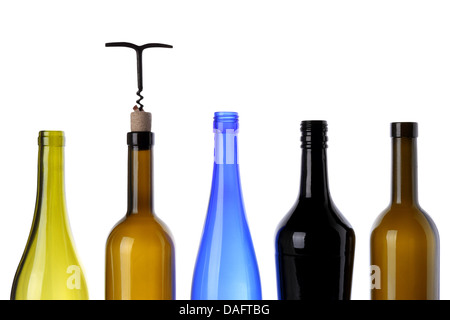 Glasflasche für Wein auf weißem Hintergrund Stockfoto