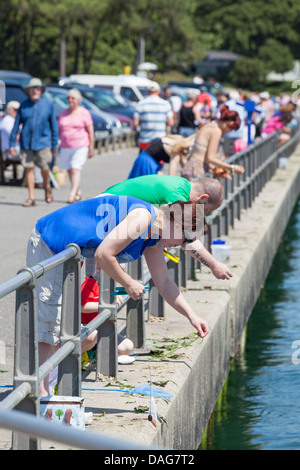 Familiengruppen Verdrehungen auf der Qyay am Mudeford Stockfoto