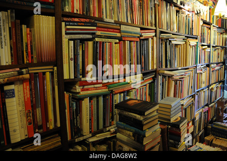 Regale von alten und gebrauchten Büchern im Weltreport Buchhandlung und Memorabilia Shop in Göteborg, Schweden Stockfoto