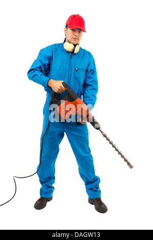 Arbeiter mit Schutzausrüstung mit einem Bohrhammer auf weißem Hintergrund Stockfoto