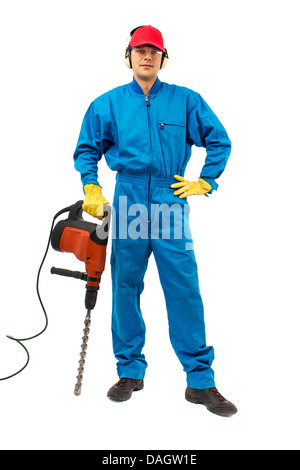 Arbeiter mit Schutzausrüstung mit einem Bohrhammer auf weißem Hintergrund Stockfoto