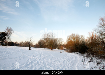 Ein Blick auf einen Park mit Schnee auf dem Boden und Bäume bedeckt Stockfoto