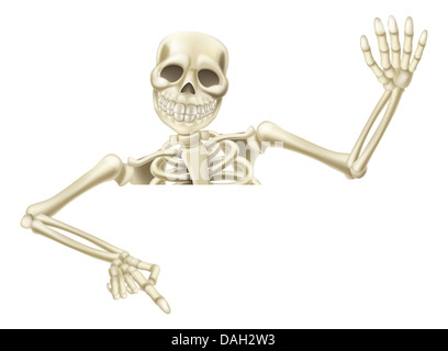 Ein Beispiel für einen Cartoon Halloween Skelett nach unten auf ein Zeichen oder eine Schriftrolle und winken Stockfoto