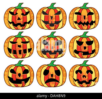 Eine Reihe von scary Halloween-Kürbisse auf weißem Hintergrund Stockfoto