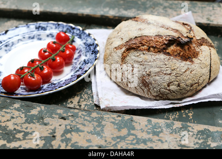 Rustikale Schwarzbrot Brot mit roten Tomaten am Rebstock Stockfoto