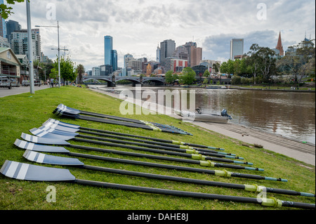 Ruderer vorzubereiten, üben Sie ihre Teamarbeit auf dem Yarra River, Australien Stockfoto