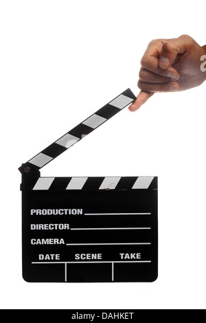 Einer Hand ein Kino Donnerschlag isoliert auf weiss Stockfoto
