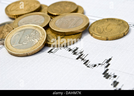 Euro-Münzen und Aktien-Chart als Wechselstube oder Finanzkonzept Stockfoto