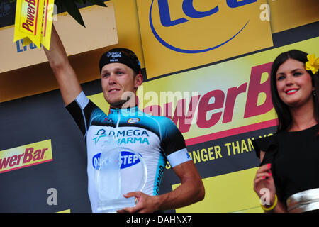 Lyon, Frankreich. 13. Juli 2013. Tour de France Etappe 14, Saint-Pourçain Sur Sioule nach Lyon Lyon, Omega Pharma - Quick Step 2013 Trentin Matteo in Lyon Gutschrift auf dem Podium: Action Plus Sport Bilder/Alamy Live News Stockfoto