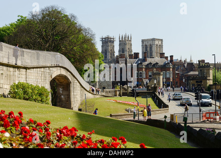 York Stadtmauer mit der Kathedrale in der Ferne Stockfoto