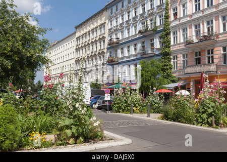 Altbauten und Blumen auf der Oderberger Straße, Prenzlauer Berg, Berlin, Deutschland Stockfoto