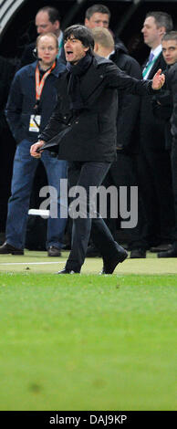 Deutschlands Bundestrainer Joachim Loew Gesten während der UEFA Euro 2012 Qualifikation Gruppe A Fussball Match zwischen Deutschland und Kasachstan in die Fritz-Walter-Stadion in Kaiserslautern, Deutschland, 26. März 2011. Foto: Marius Becker Stockfoto