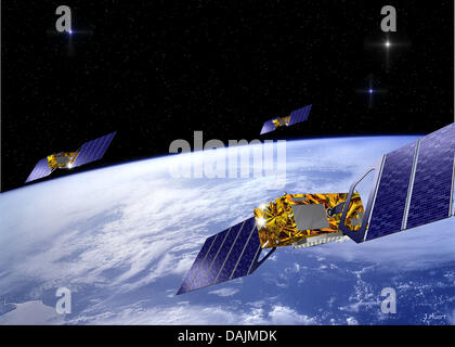 (Dpa Datei) - eine undatierte Filer zeigt eine grafische Darstellung der Computer von mehreren Satelliten des Europäischen Satellitennavigationssystems "Galileo" umkreisen die Erde in einer Höhe von rund 23 260 Kilometer. Foto: DLR/Handout Stockfoto