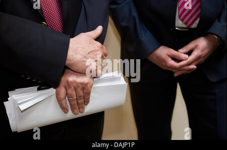 (DATEI) Eine Archivfoto vom 11. April 2011 zeigt die Hände von Reiner Haselhoff (L), Vorsitzender der CDU-Bundestagsfraktion und Spitzenreiter der Landtagswahlen in Sachsen-Anhalt Jens Bullerjahn, Finanzminister und SPD Spitzenreiter in Sachsen-Anhalt im Rahmen einer Pressekonferenz über die Ergebnisse der Koalition treffen in Magdeburg, Deutschland. Der Koalitionsvertrag zwischen CDU und SPD h Stockfoto