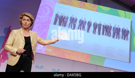 Bundesarbeitsministerin Ursula von der Leyen (CDU) Spricht Bei der Konferenz DLD Frauen (Digital Life Design) bin (15.07.2013) in der Porzelanmanufaktur Nymphenburg, füttere Hinter Ihr Ein Bild des Rein Männlichen Vorstands der Deutschen Bank Eingeblendet ist. Sterben Sie Konferenz Widmet Sich der Zukunft von Arbeit, Gesundheit Und Bildung aus weiblichem Perspektive. Foto: Tobias Hase/dpa Stockfoto