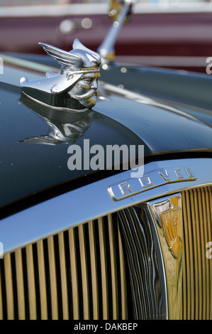 Wikinger-Kopf Statue und Rover Emblem auf einem Oldtimer Stockfoto
