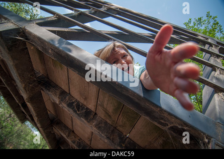 Frau auf der Brücke mit Hand. Stockfoto