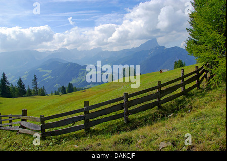 typischen Holzzaun in der Nähe von Wengen, Blick auf Peitlerkofel (rechts), Italien, Südtirol, Dolomiten, Valletta Stockfoto